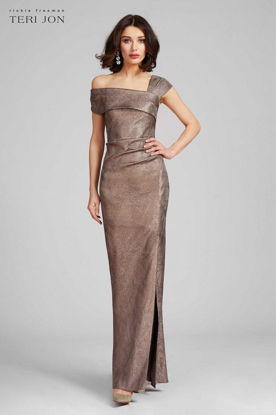 Clothing Teri Jon | Metallic Jacquard Asymmetrical Shoulder Gown