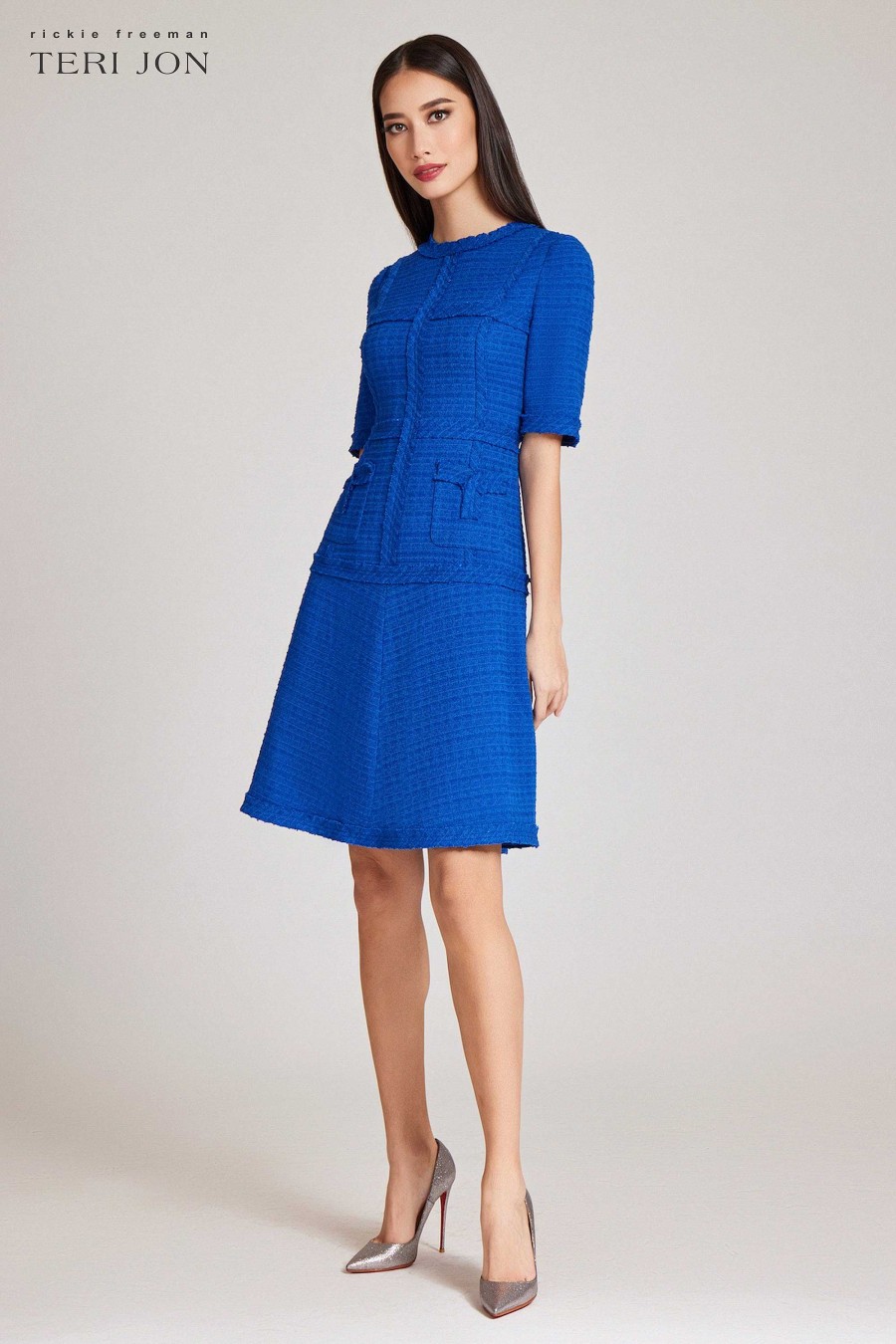 Clothing Teri Jon | Tweed Geometric Stripe Dress Cobalt