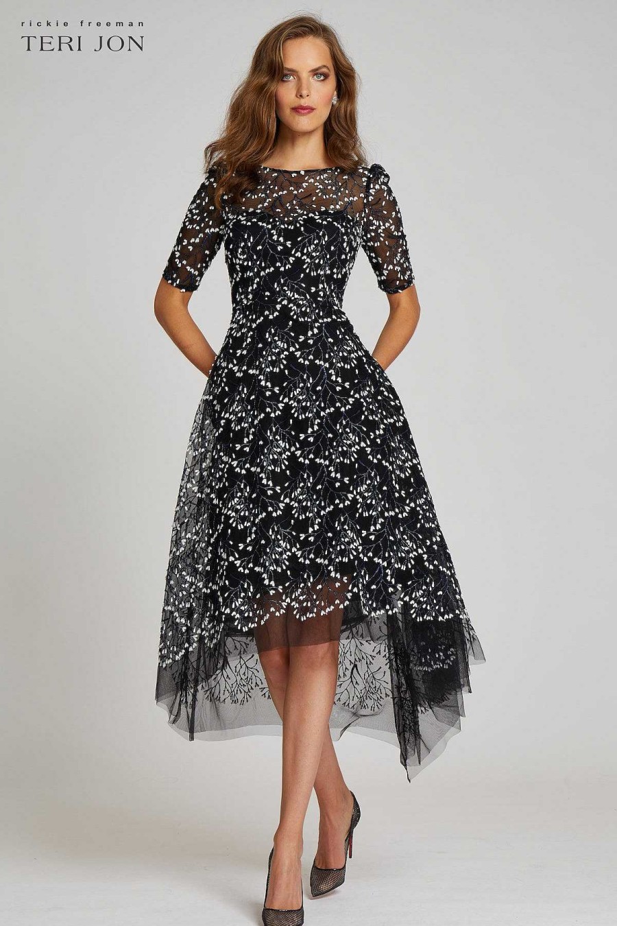 Clothing Teri Jon | Lace Short Sleeve High Low Dress Black Multi