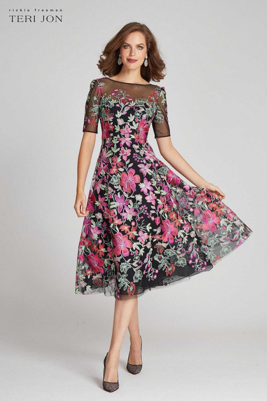 Clothing Teri Jon | Elbow Sleeve Embroidered Tulle Dress Black Multi