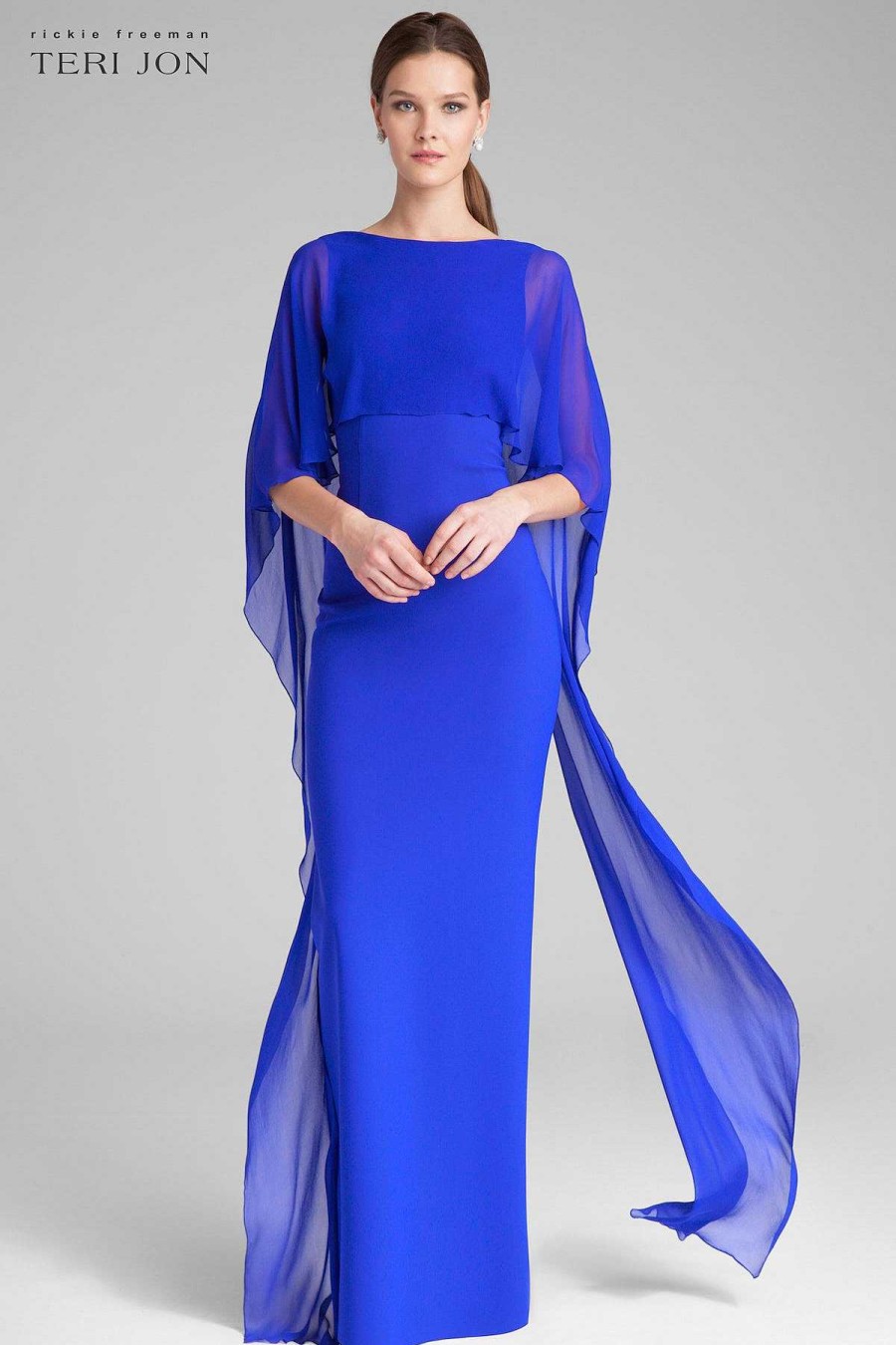 Clothing Teri Jon | Scuba Gown With Chiffon Cape