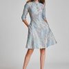 Clothing Teri Jon | Metallic Jacquard Mandarin Neck Cocktail Dress Light Blue Multi