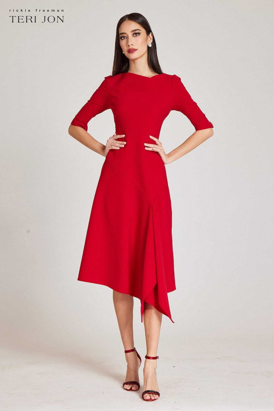 Clothing Teri Jon | Asymmetrical Crepe Dress With Elbow Sleeve Red