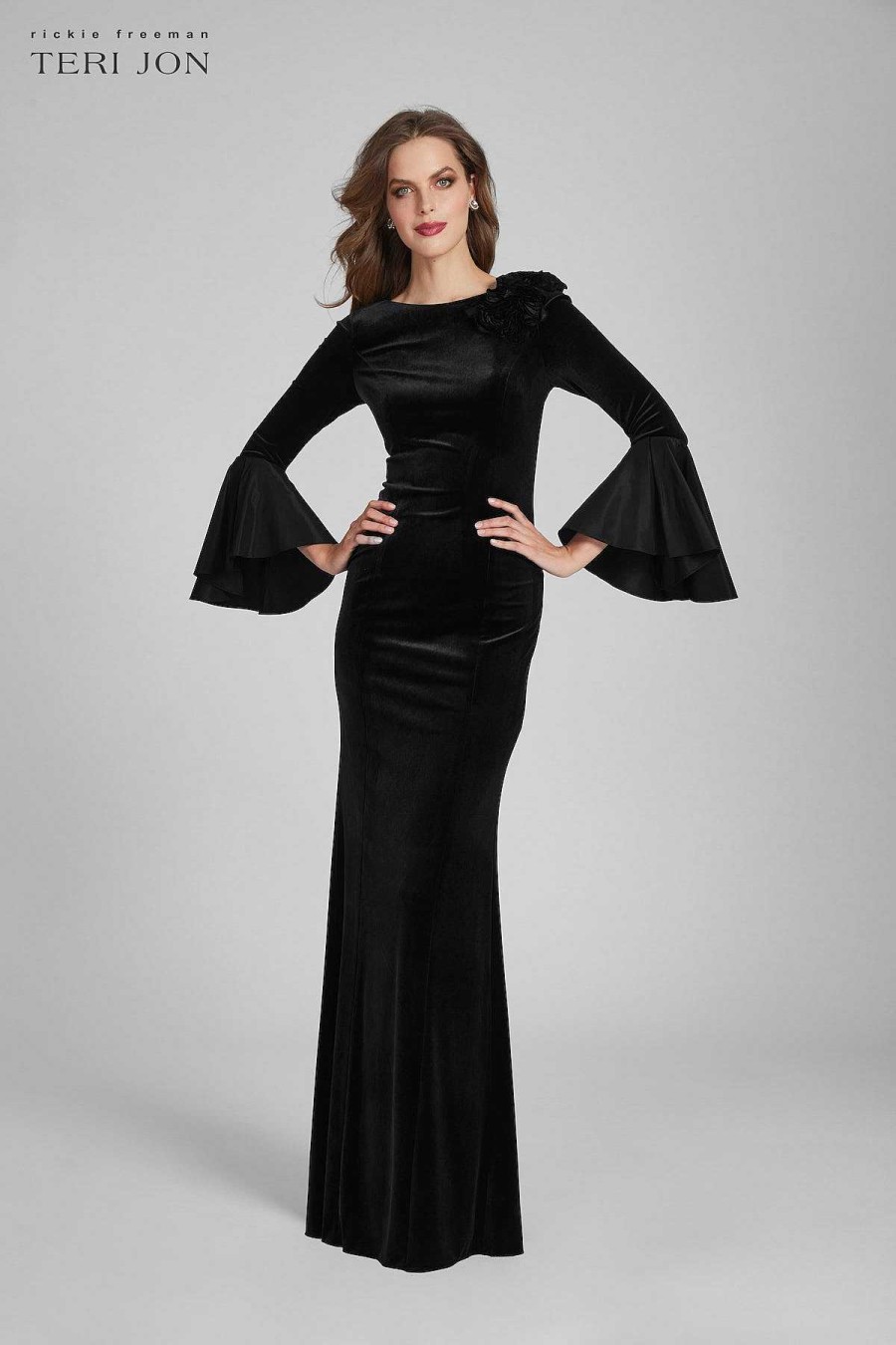 Clothing Teri Jon | Velvet Column Gown With Floral Applique Shoulder