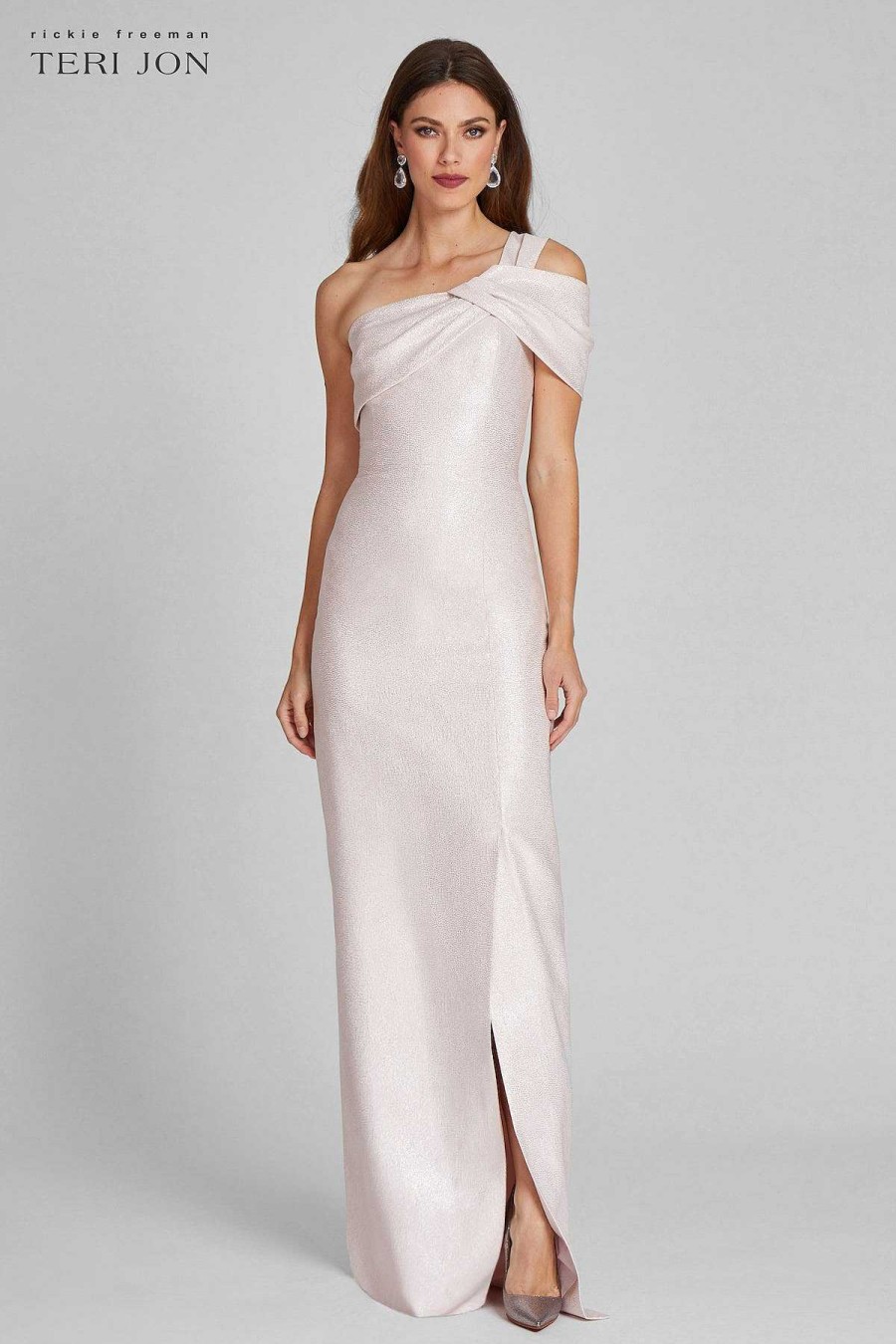 Clothing Teri Jon | Metallic Jacquard One Shoulder Side Drape Column Gown