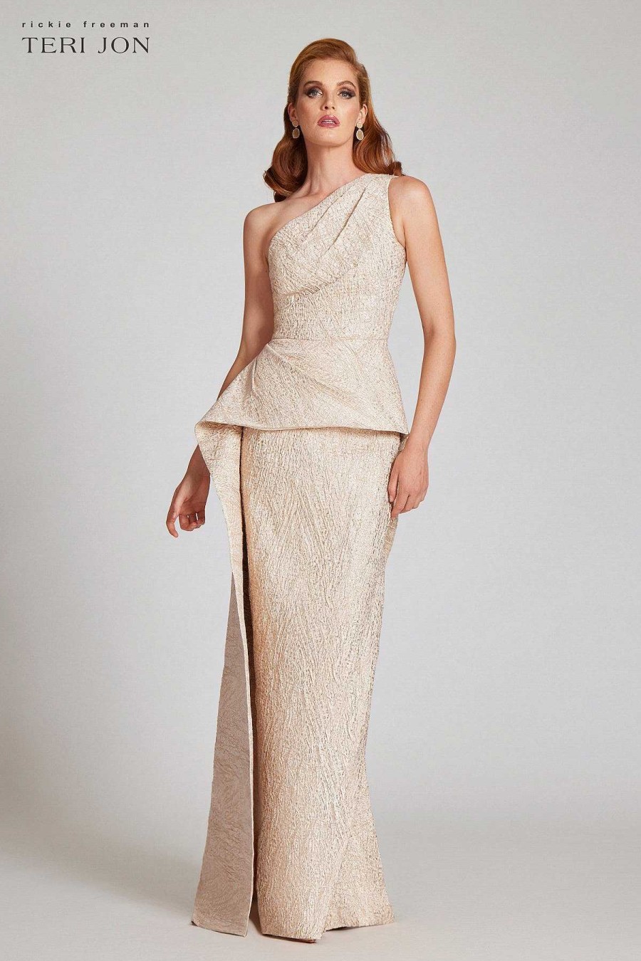 Clothing Teri Jon | One Shoulder Stretch Jacquard Asymmetrical Gown Gold