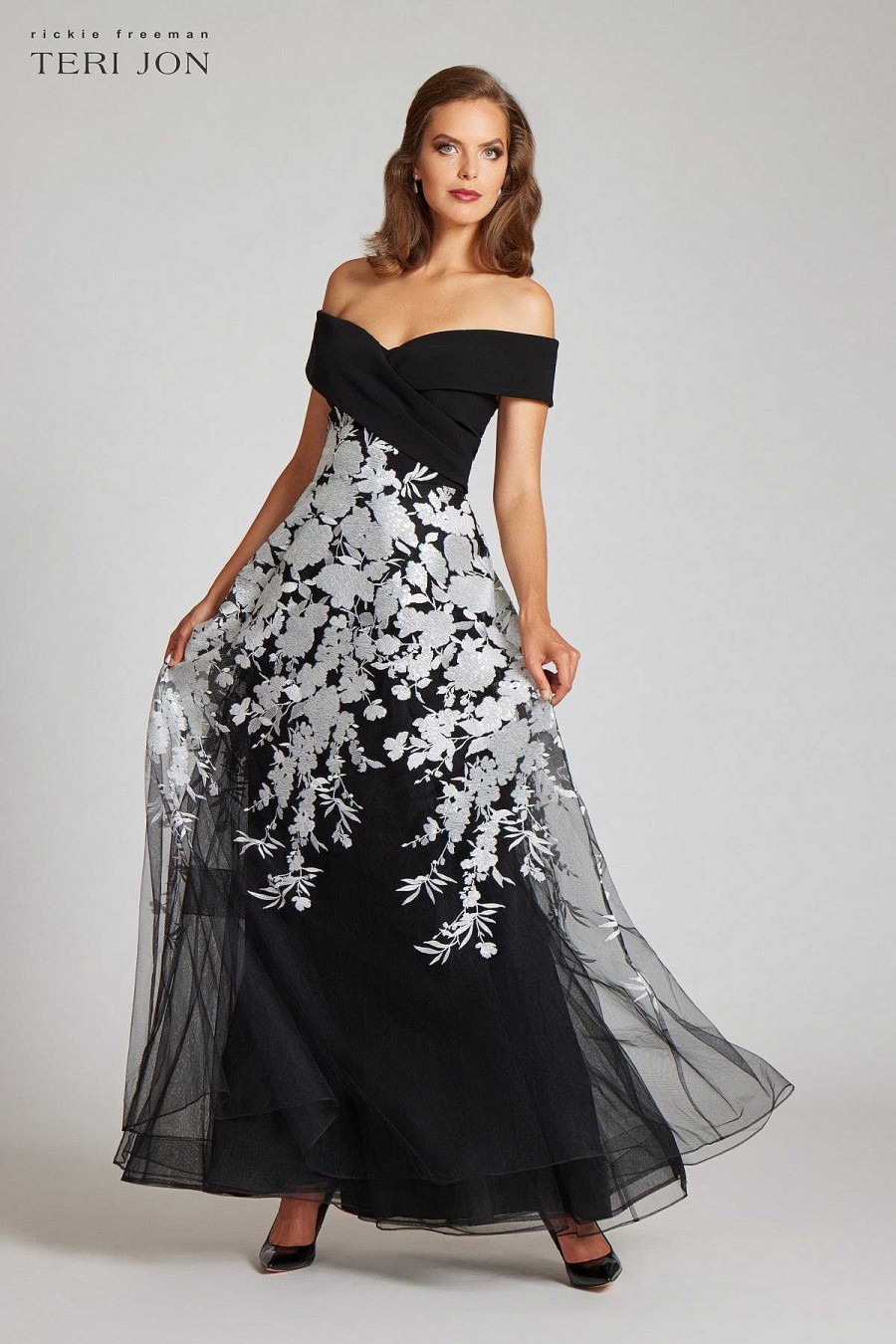 Clothing Teri Jon | Crepe Off The Shoulder Floral Embroidered Gown Black Silver