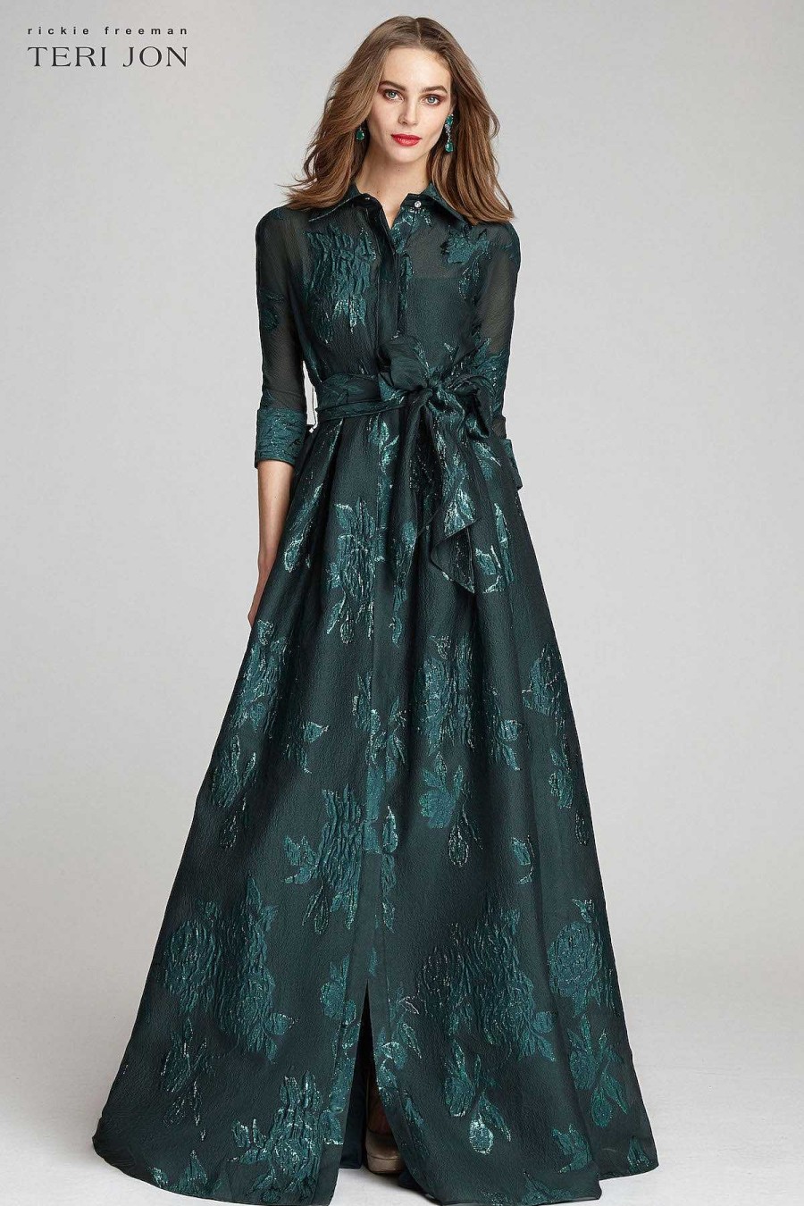 Clothing Teri Jon | Metallic Jacquard Shirtdress Gown With Floral Print