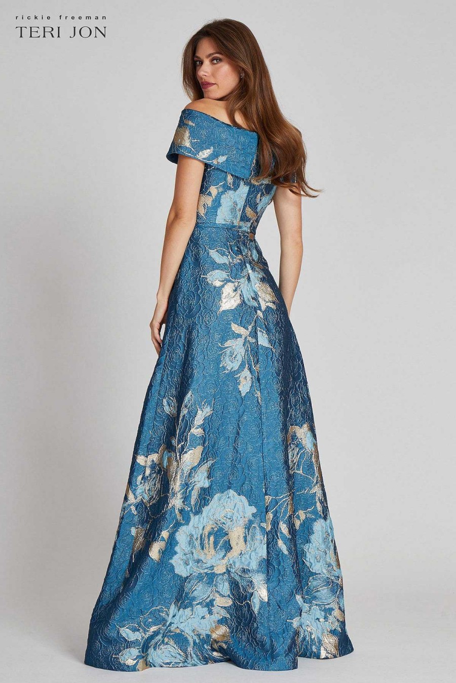 Clothing Teri Jon | Large Floral Pattern Jacquard Off The Shoulder Gown