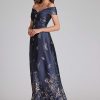 Clothing Teri Jon | Off Shoulder Metallic Border Pattern Gown Navy/Gold