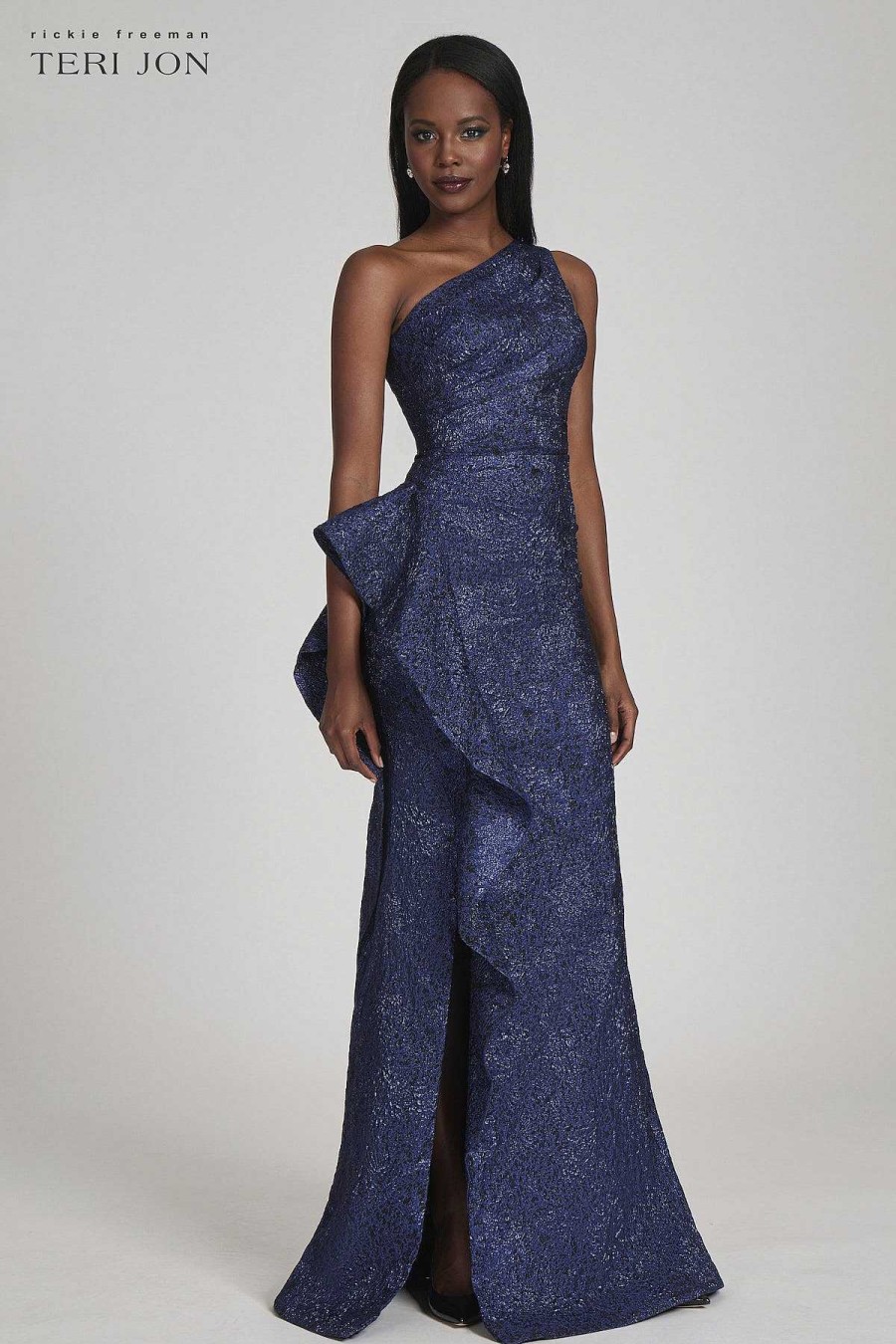 Clothing Teri Jon | Jacquard One Shoulder Side Ruffle Gown