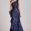 Clothing Teri Jon | Jacquard One Shoulder Side Ruffle Gown