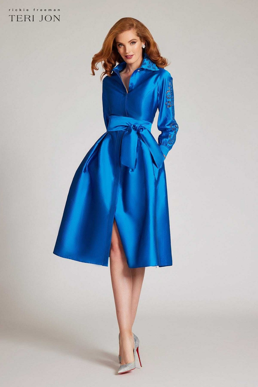 Clothing Teri Jon | Taffeta Eyelet Collar And Sleeve Shirt Dress