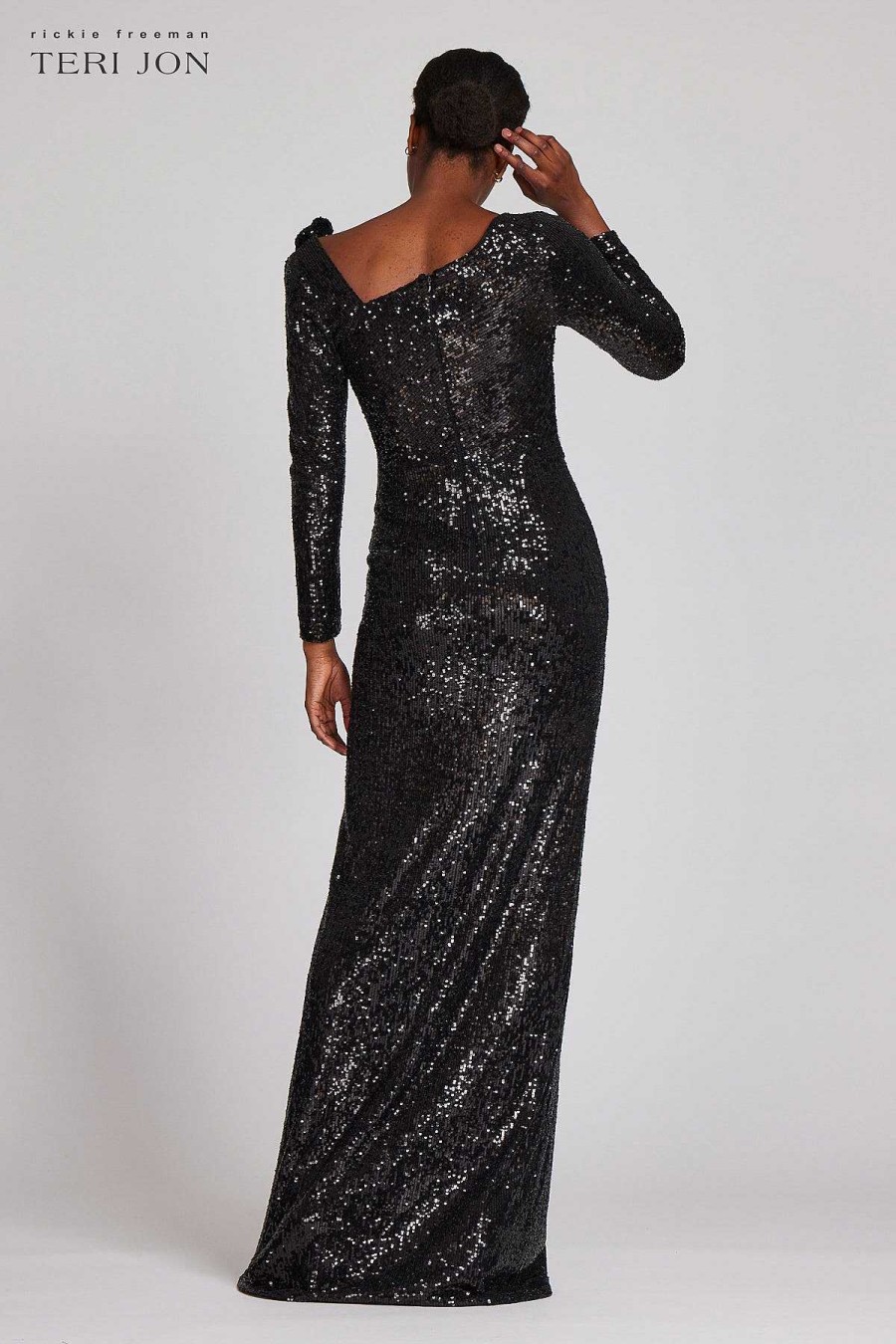 Clothing Teri Jon | Stretch Sequin Column Gown Black