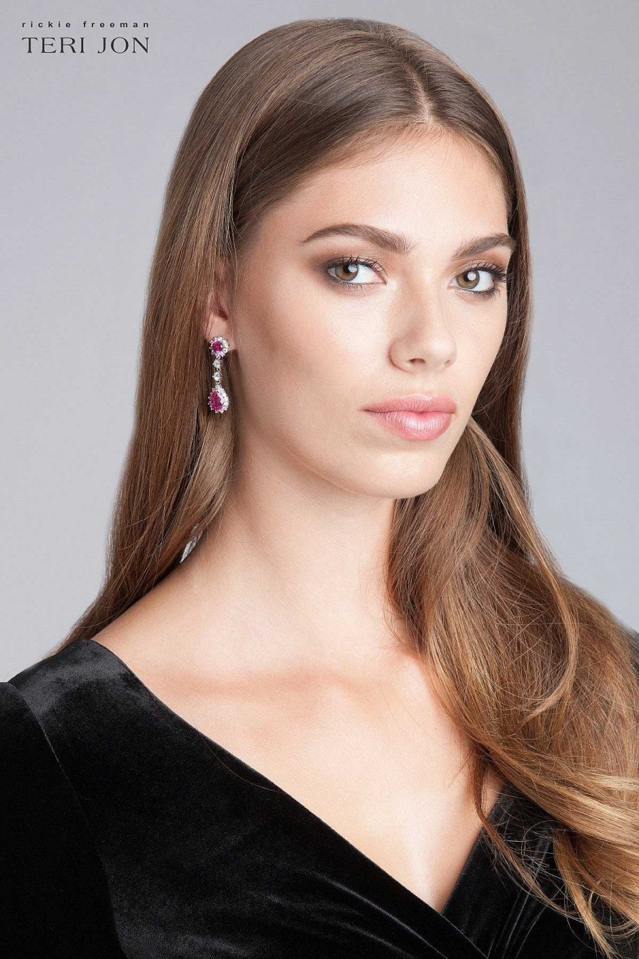 Accessories Teri Jon | Crystal And Stone Drop Earrings Red