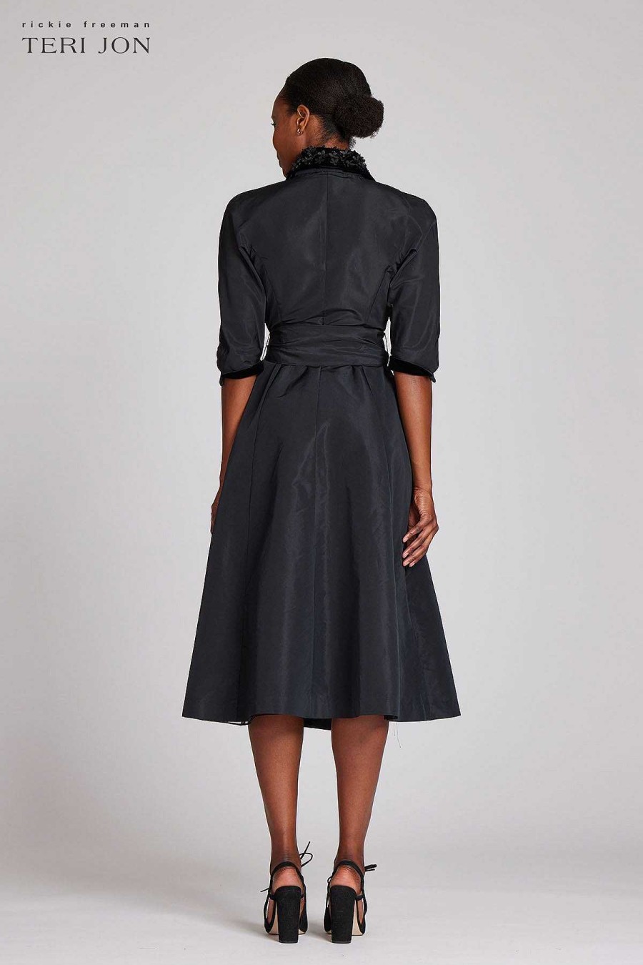 Clothing Teri Jon | Shirt Dress With Velvet Collar And 3D Florals Black