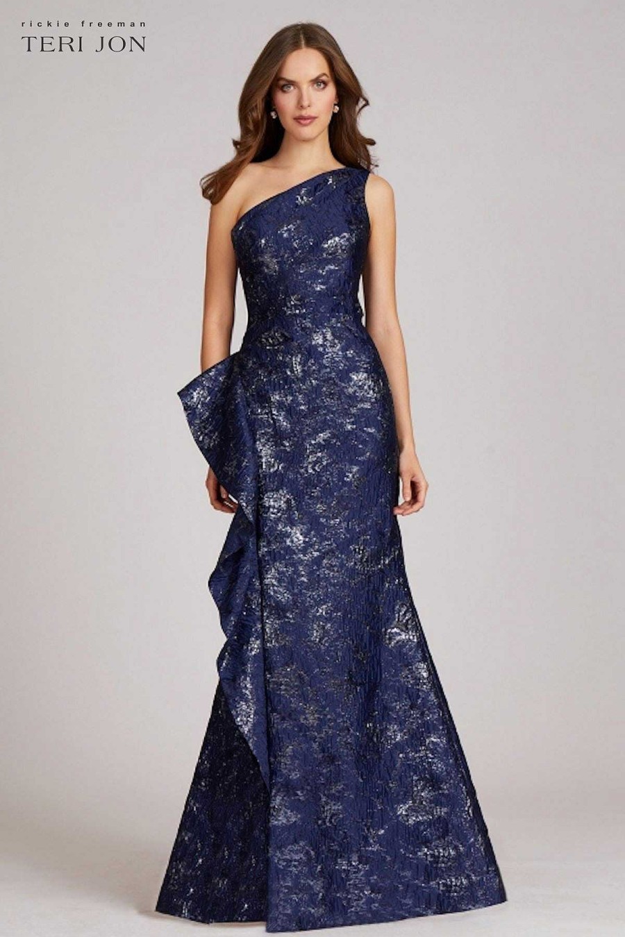 Clothing Teri Jon | Jacquard One Shoulder Side Ruffle Gown