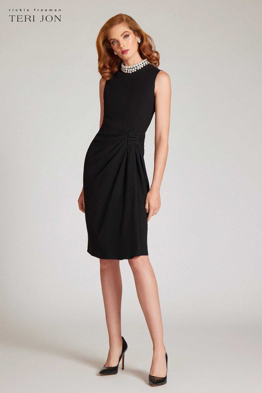 Clothing Teri Jon | Pearl Trim Crepe Side Draped Dress Black