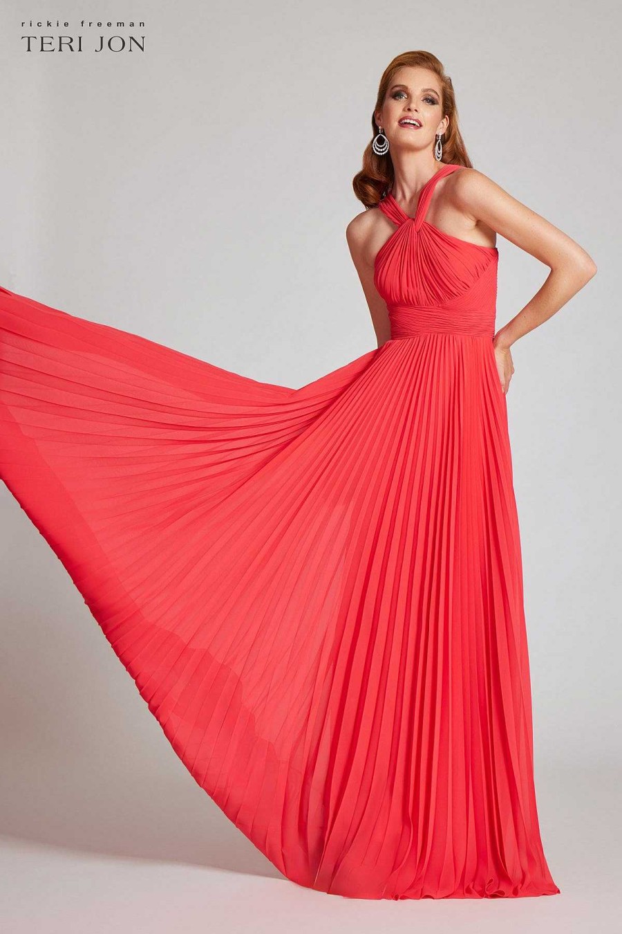 Clothing Teri Jon | Chiffon Crystal Accordian Pleated Twist Gown Tangerine