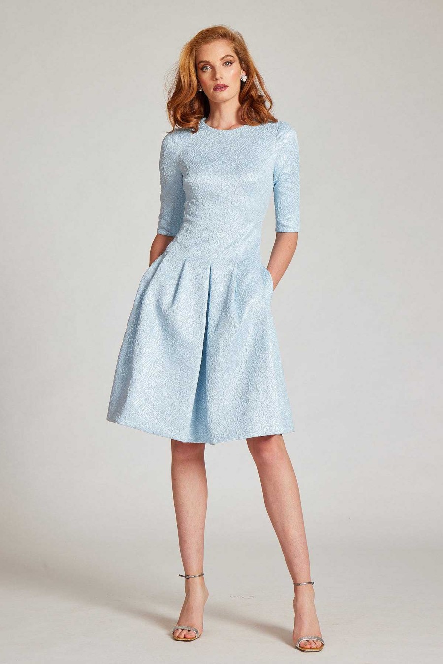 Clothing Teri Jon | Metallic Jacquard Cocktail Dress Powder Blue