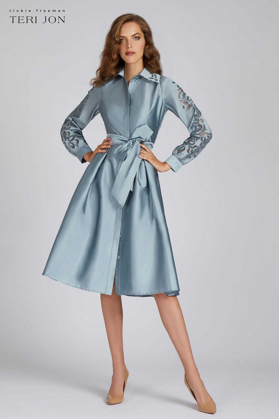 Clothing Teri Jon | Taffeta Eyelet Collar And Sleeve Shirt Dress