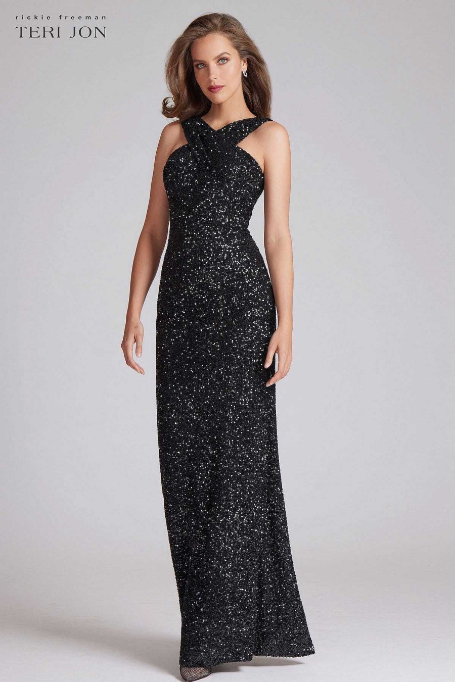 Clothing Teri Jon | Sequin Criss Cross Halter Gown Black