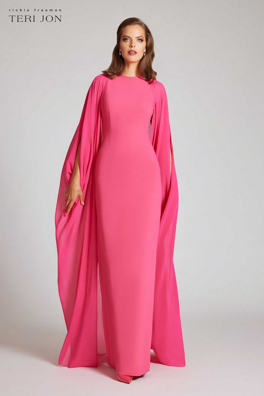 Clothing Teri Jon | Crepe Column With Chiffon Overlay Cape Gown Watermelon