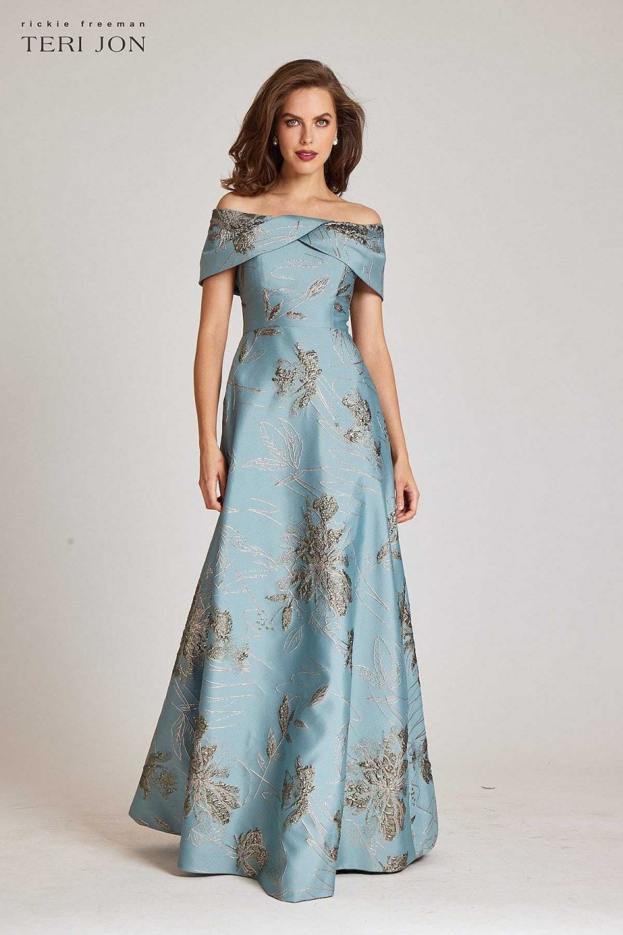 Clothing Teri Jon | Off Shoulder Metallic Jacquard A Line Skirt Gown