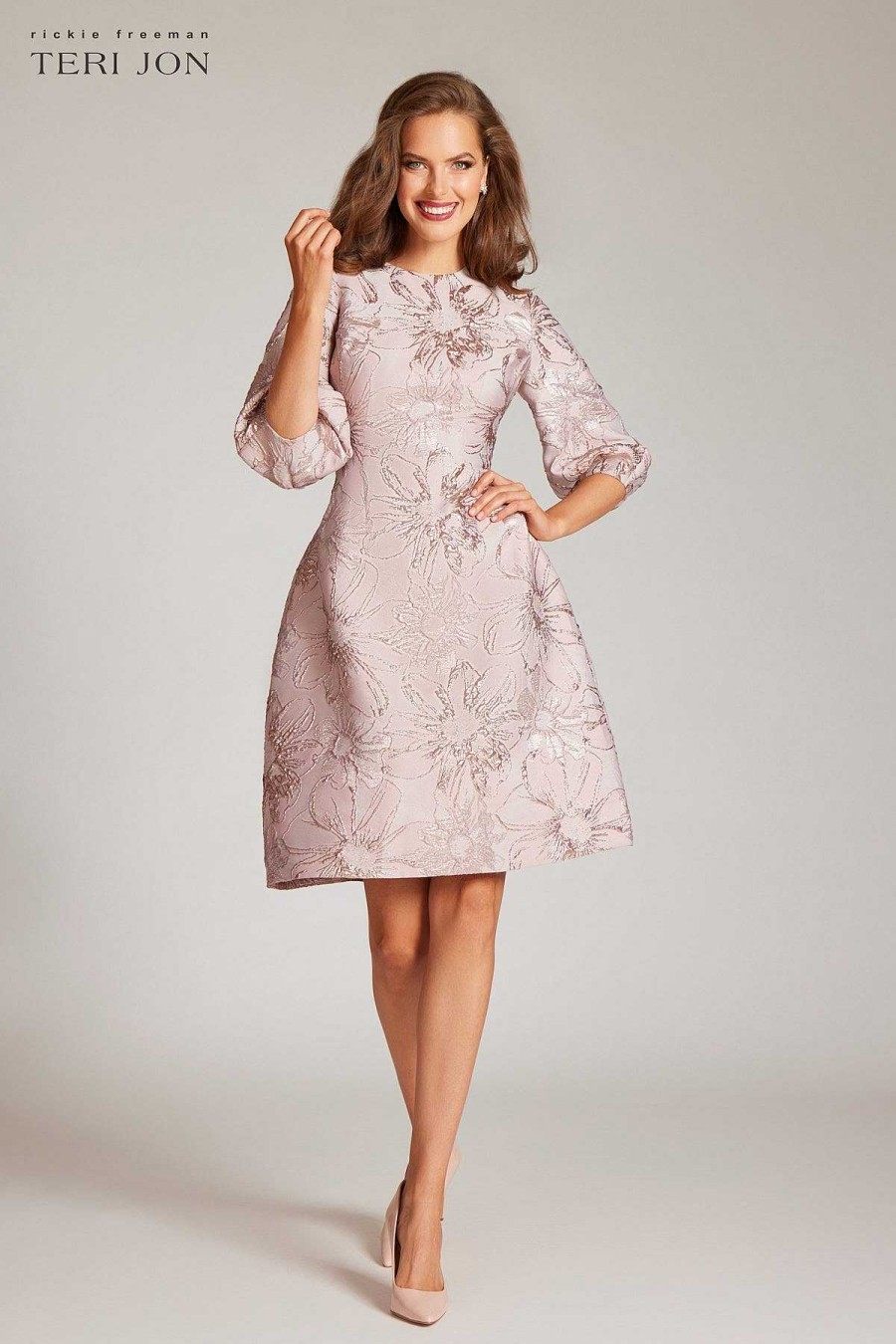 Clothing Teri Jon | Floral Pattern Jacquard Balloon Sleeve Dress Blush Multi