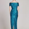 Clothing Teri Jon | Off Shoulder Metallic Jacquard Pleat Bust Gown Teal