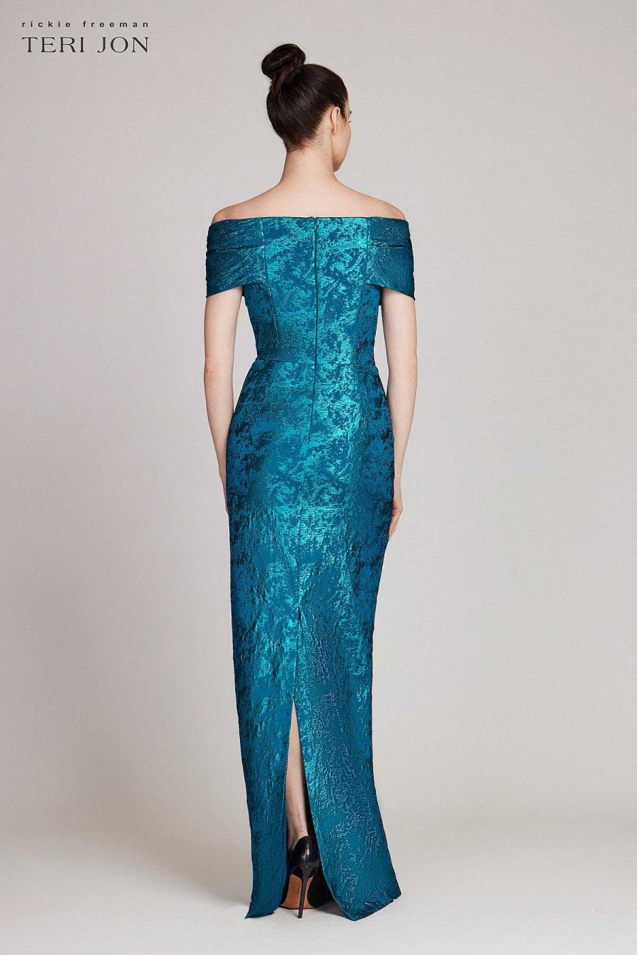 Clothing Teri Jon | Off Shoulder Metallic Jacquard Pleat Bust Gown Teal