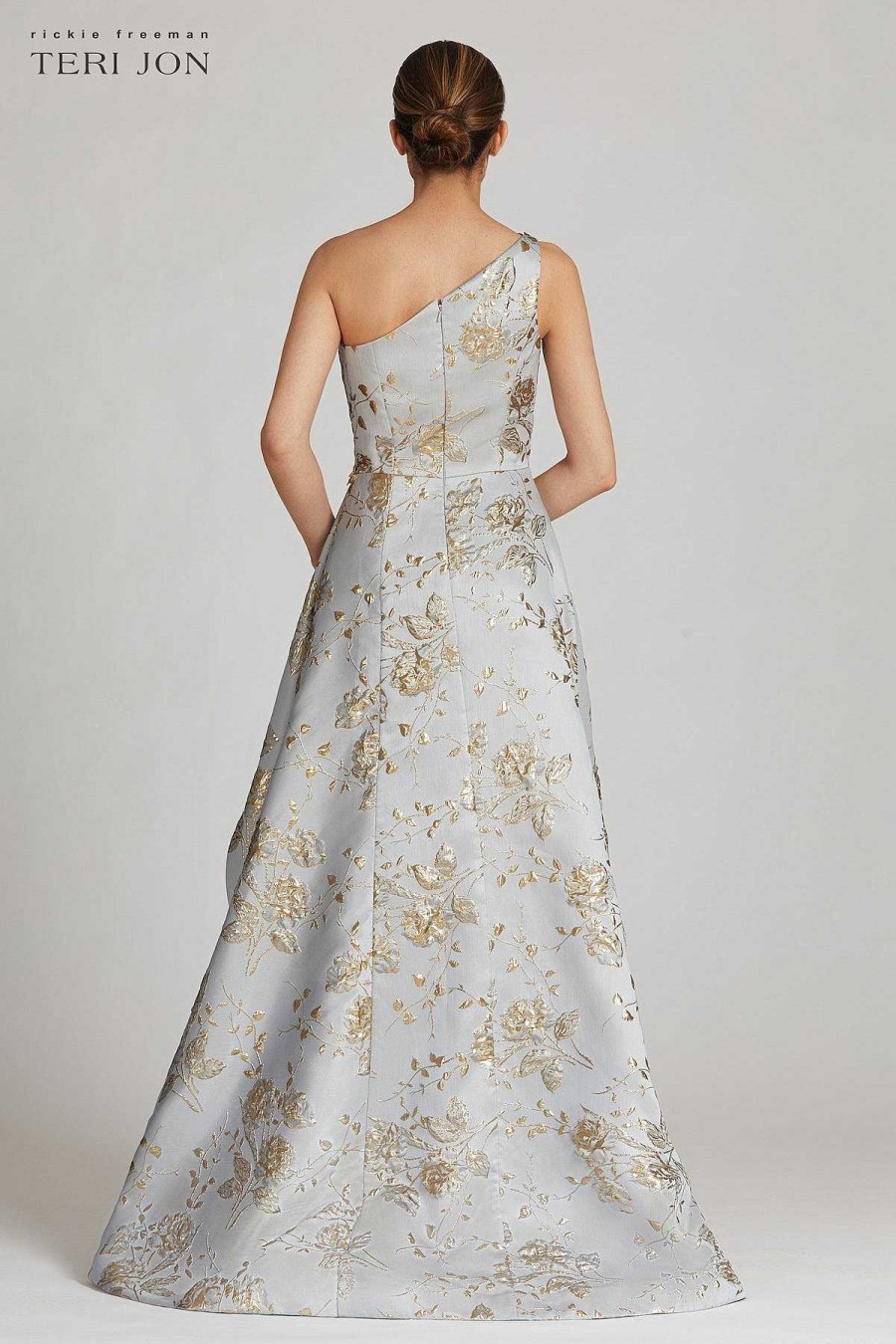 Clothing Teri Jon | Metallic Jacquard Beaded Gown Platinum Gold