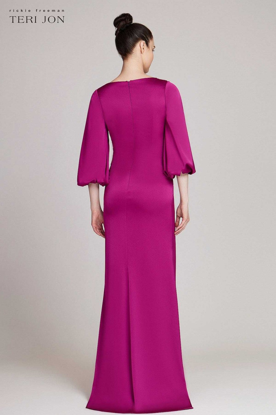 Clothing Teri Jon | Satin Full Sleeve Side Drape Gown Magenta