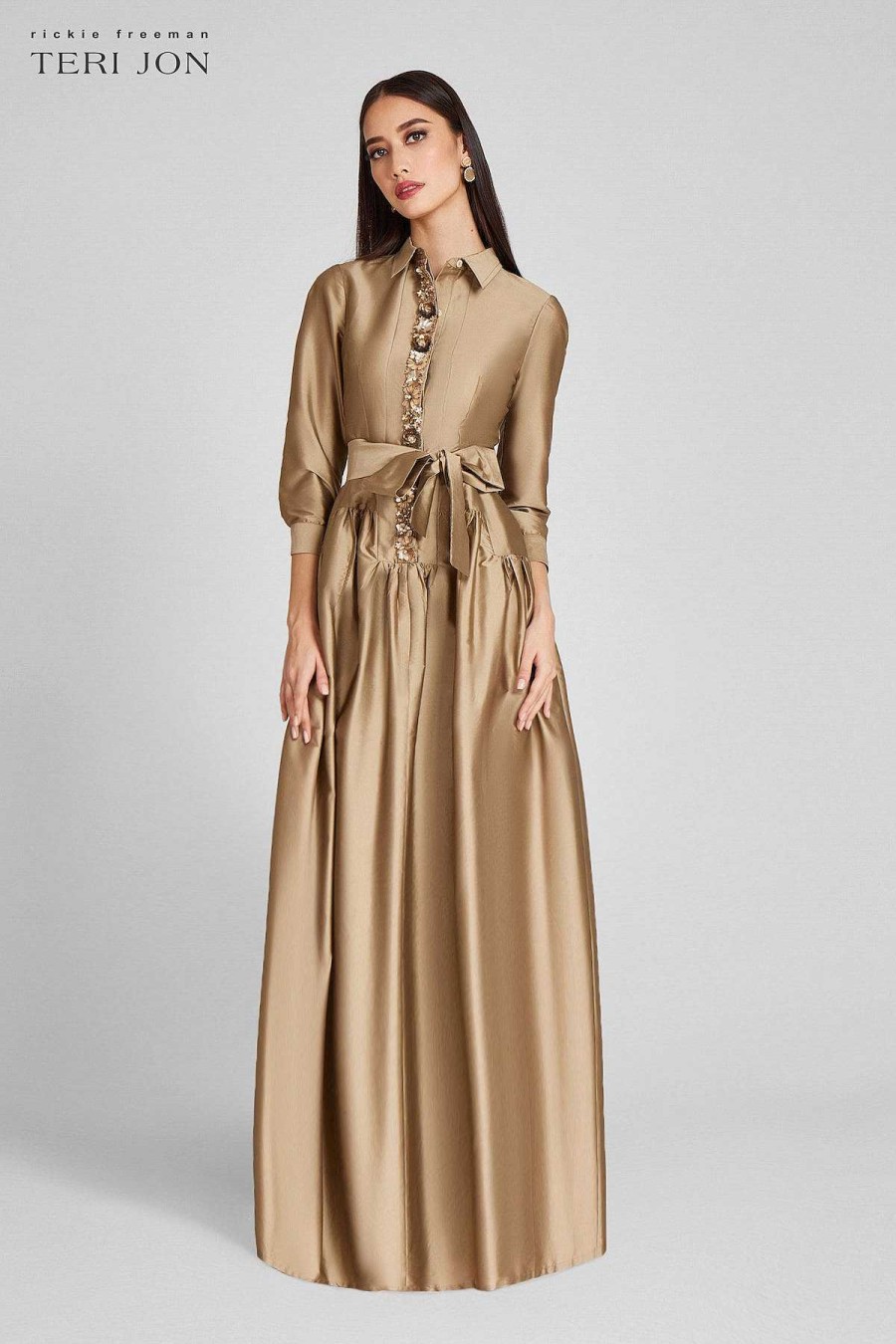 Clothing Teri Jon | Taffeta Shirtdress Gown With Beaded Placket Gold