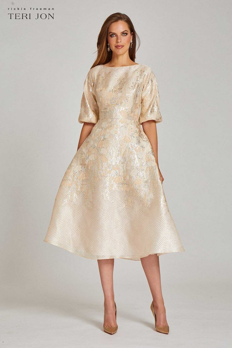 Clothing Teri Jon | Metallic Border Pattern Jacquard Dress Champagne