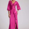 Clothing Teri Jon | Satin Full Sleeve Side Drape Gown Magenta