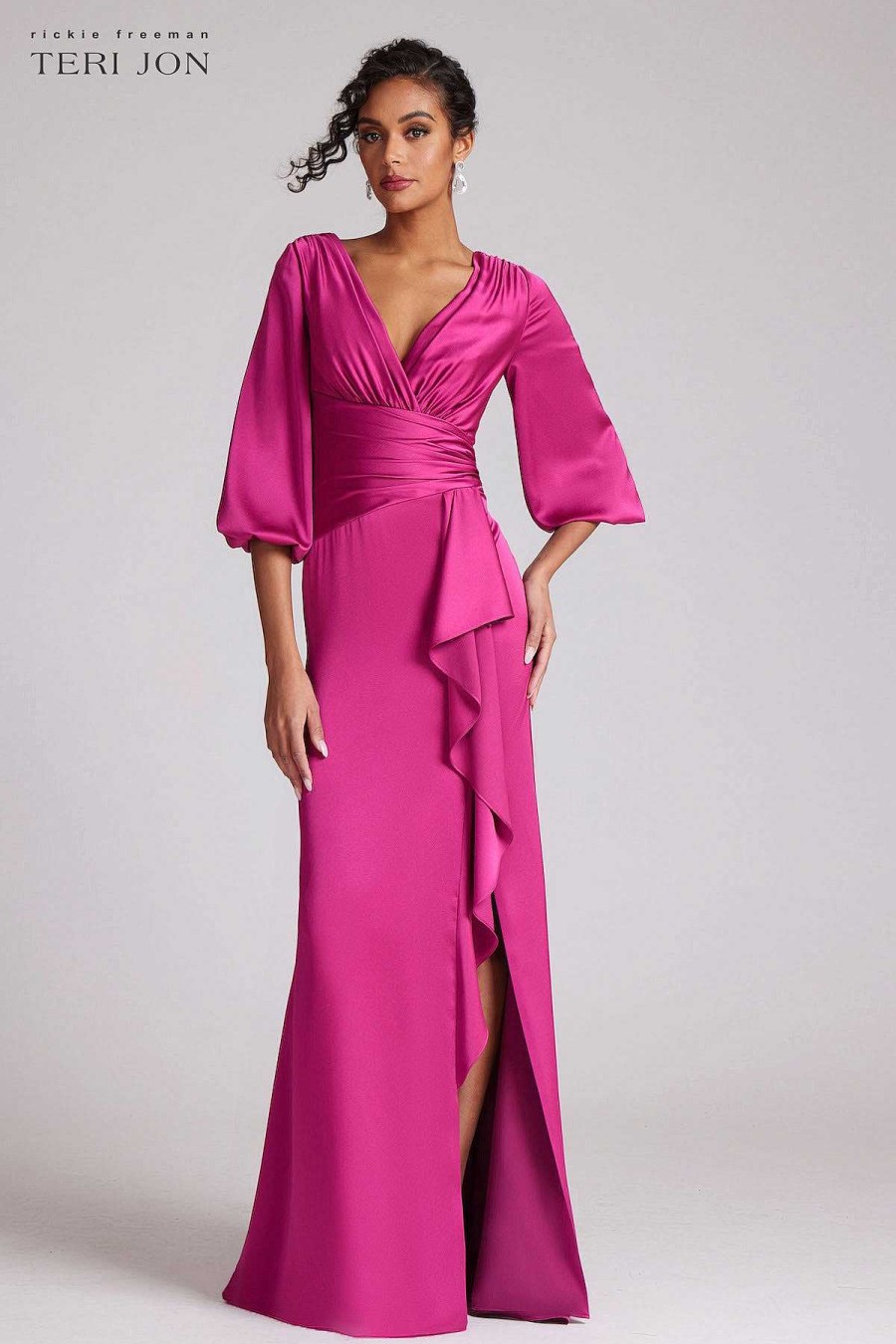 Clothing Teri Jon | Satin Full Sleeve Side Drape Gown Magenta