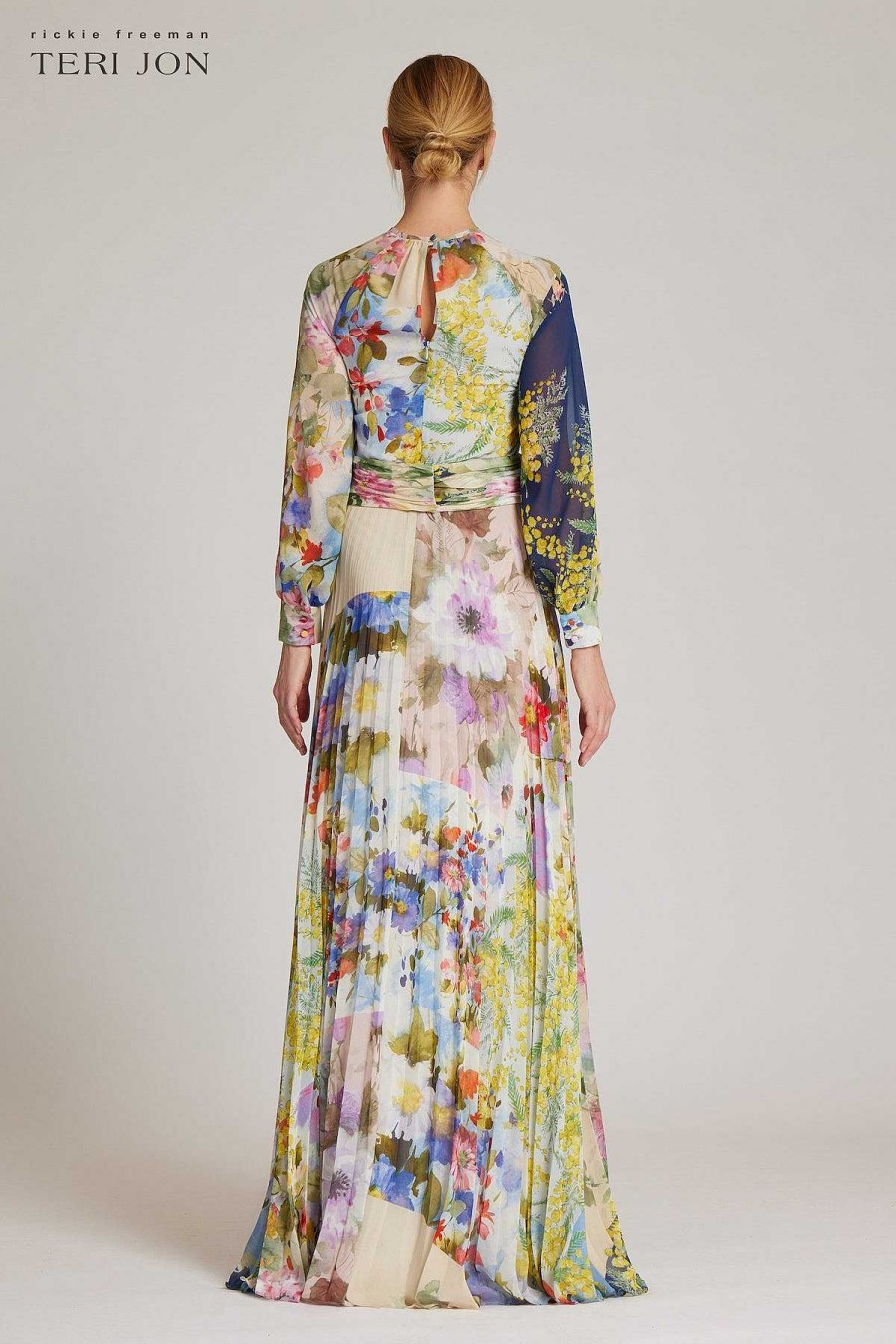 Clothing Teri Jon | Patchwork Print Pleated Chiffon Maxi Gown Multi