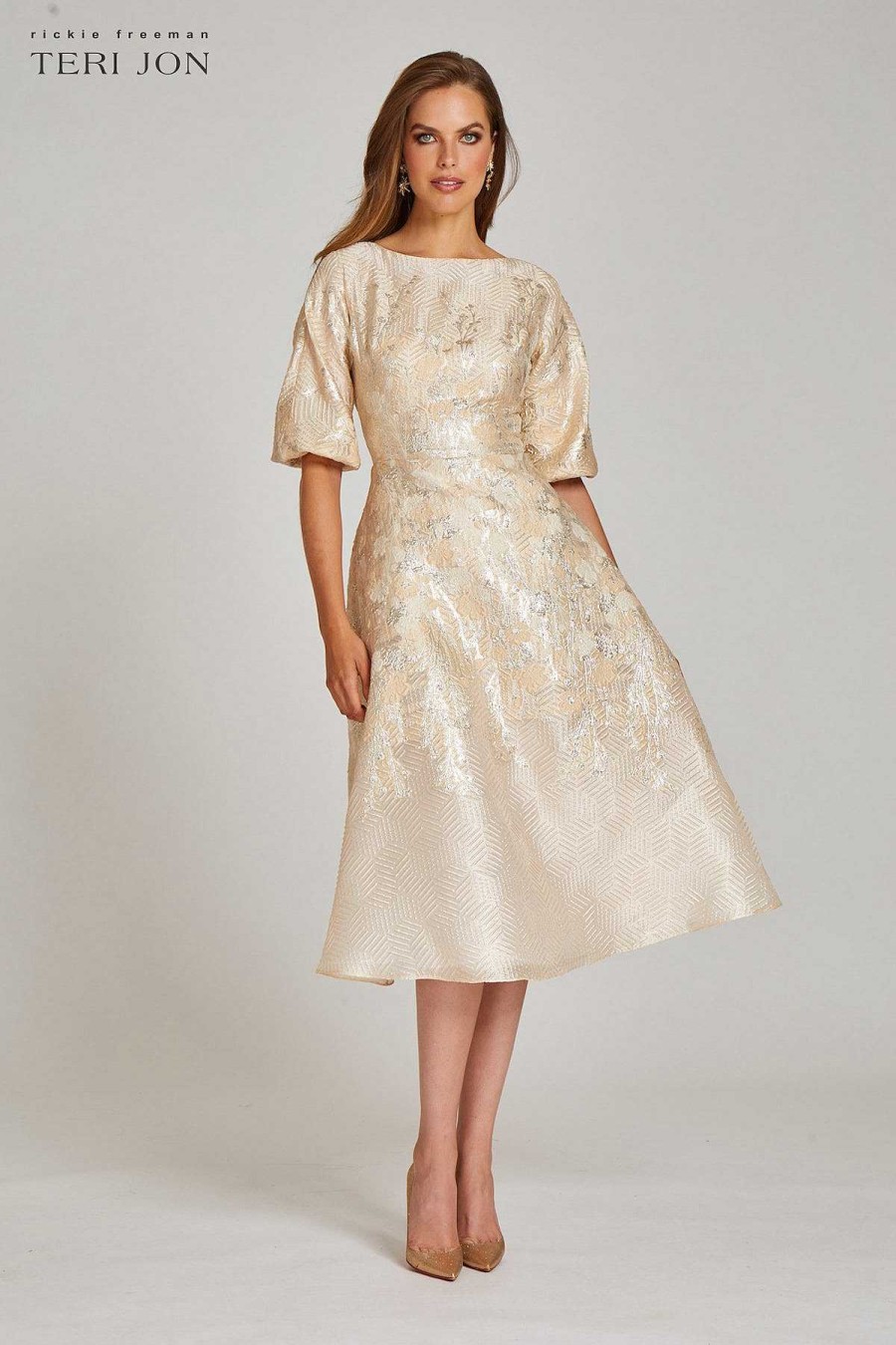 Clothing Teri Jon | Metallic Border Pattern Jacquard Dress Champagne