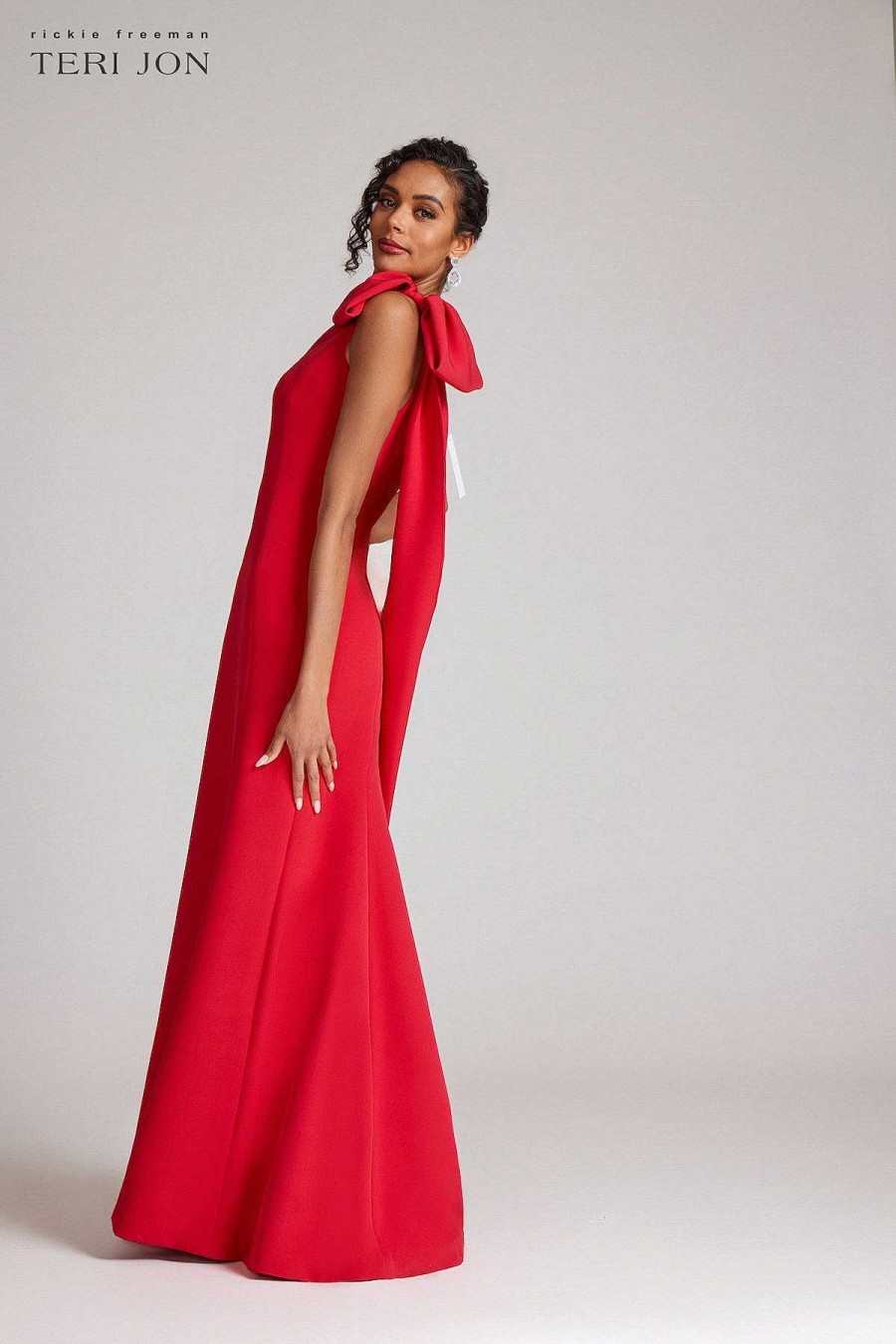 Clothing Teri Jon | One Shoulder With Bow Draped Column Gown Red