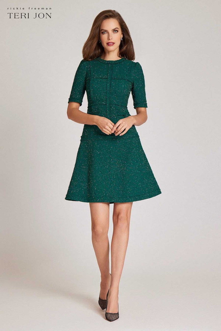 Clothing Teri Jon | Tweed Dress With Metallic Trim