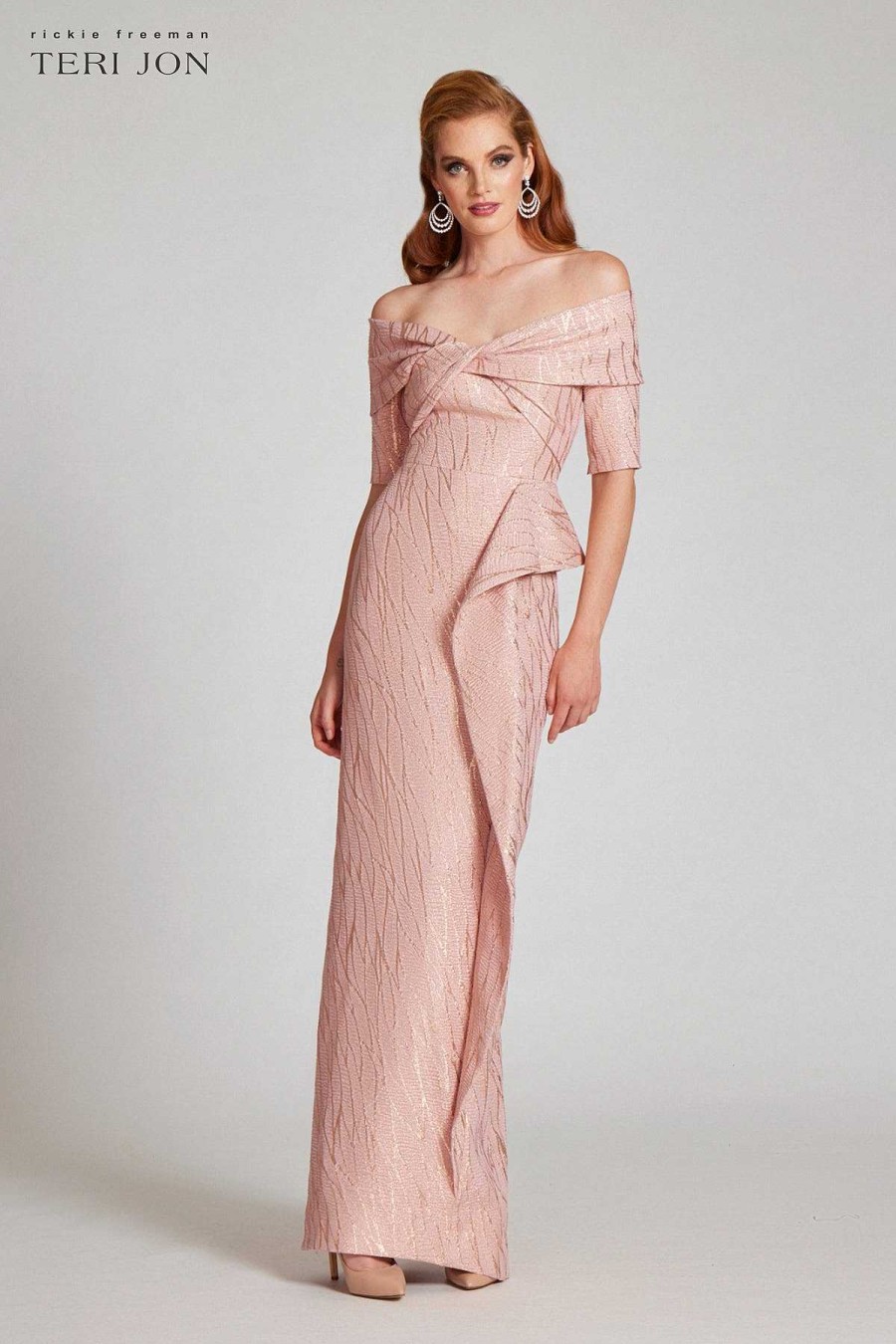 Clothing Teri Jon | Metallic Jacquard Twist Bodice Gown Rose Gold