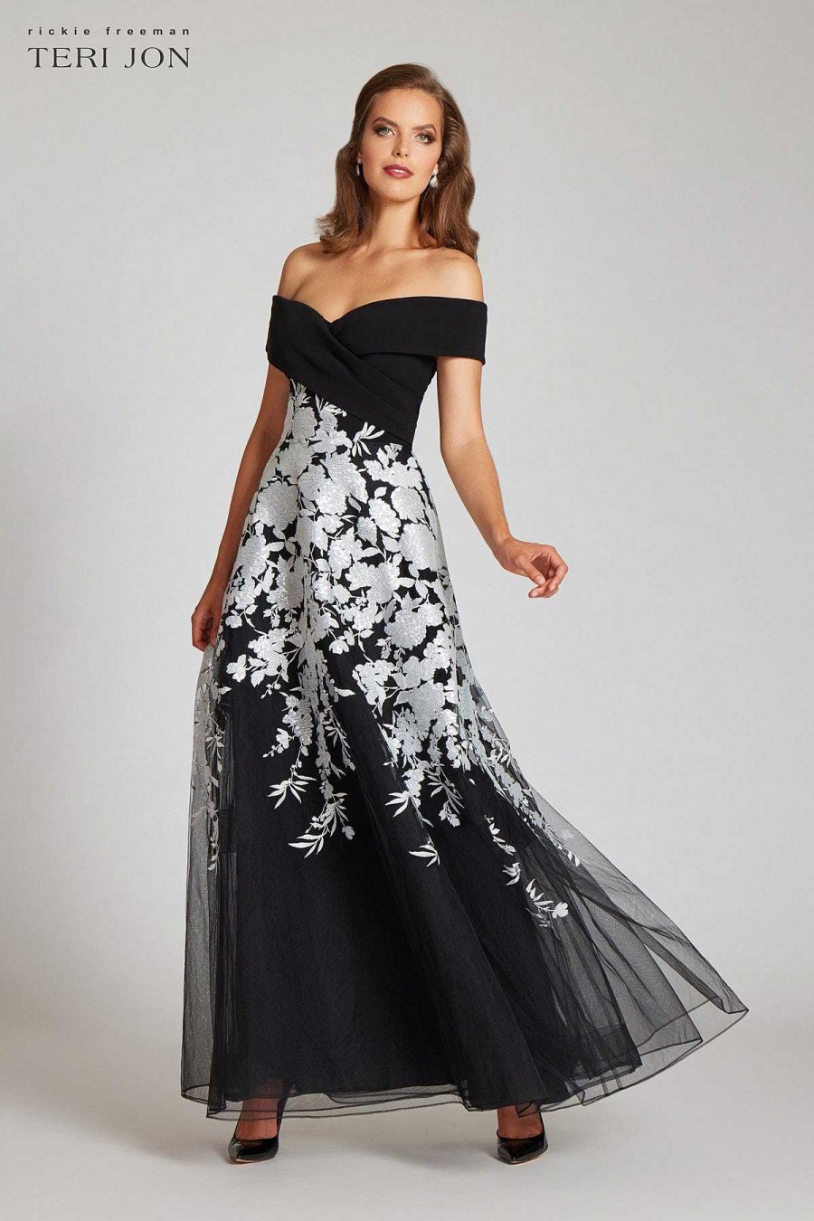 Clothing Teri Jon | Crepe Off The Shoulder Floral Embroidered Gown Black Silver