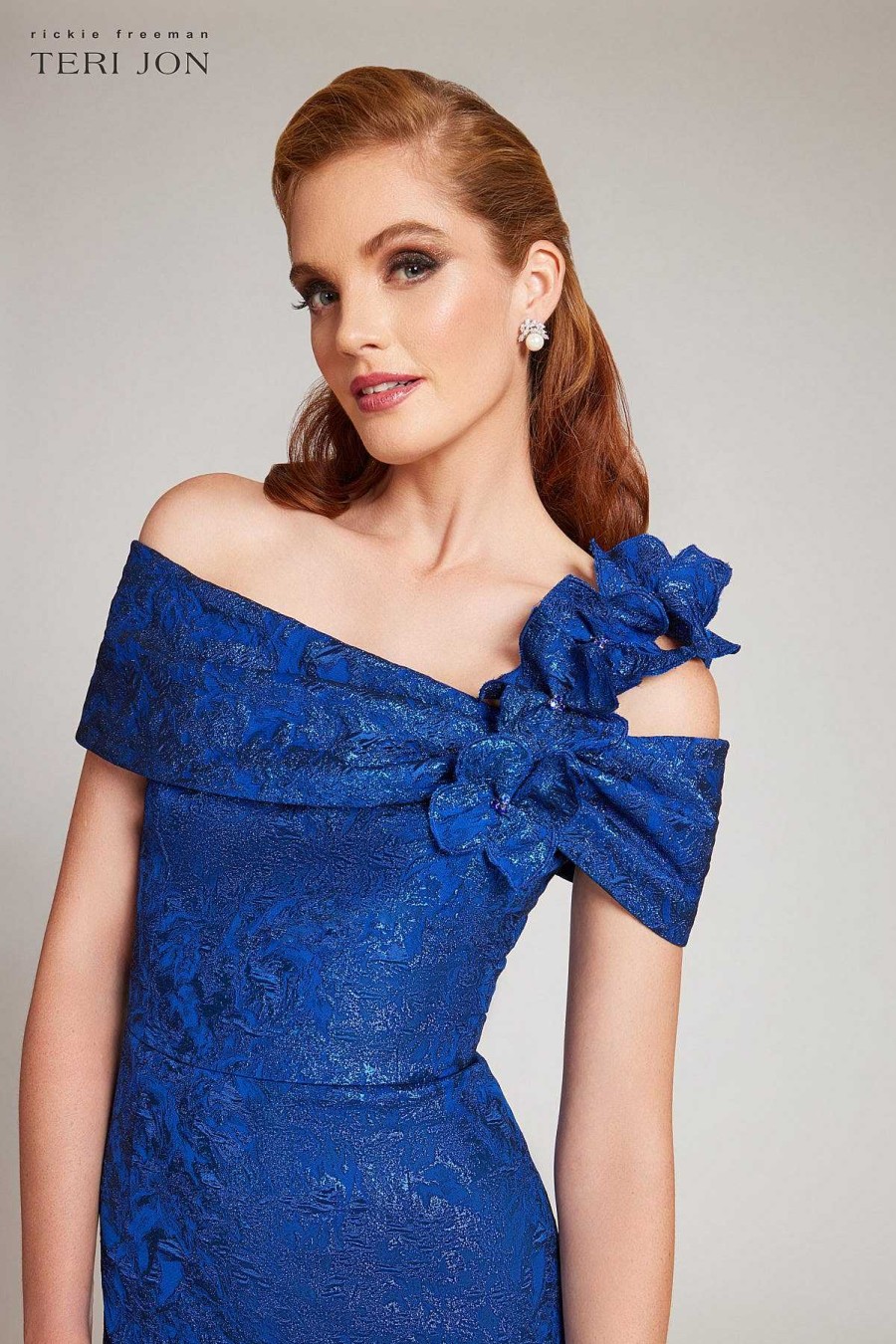 Clothing Teri Jon | One Shoulder Metallic Jacquard Column Gown Cobalt