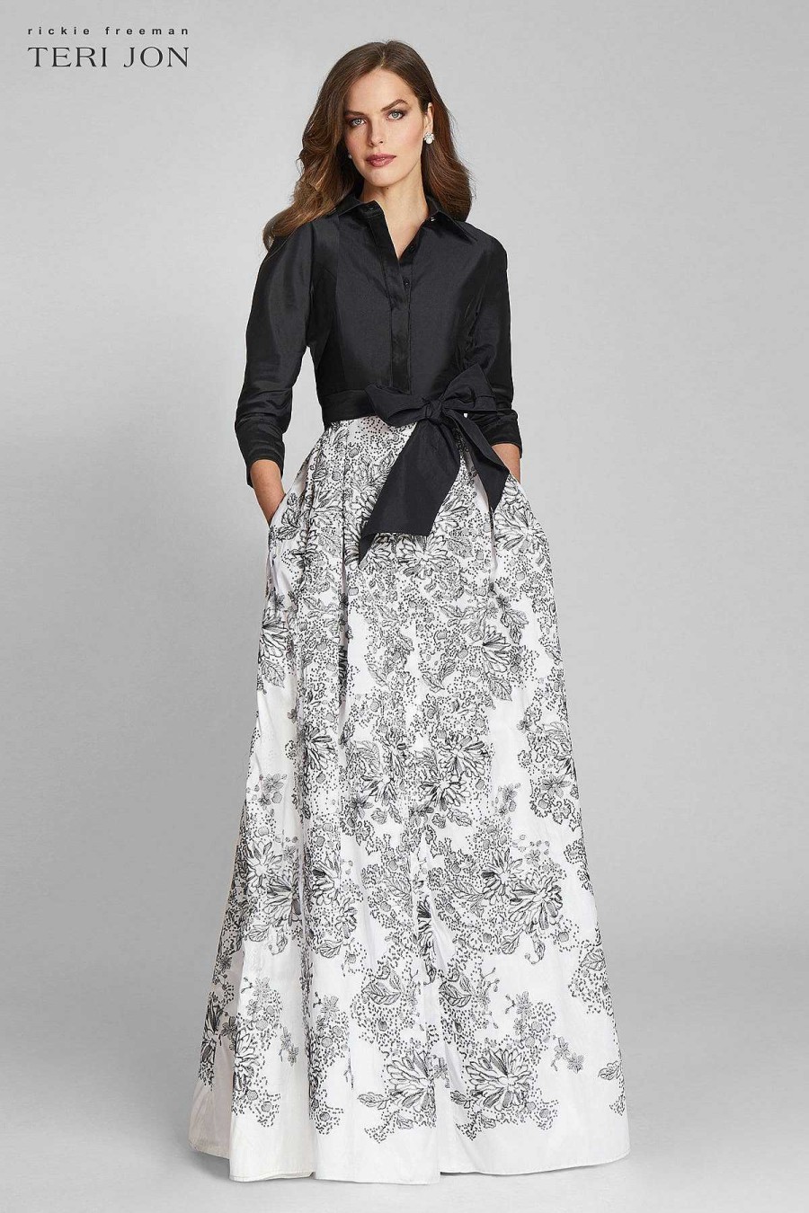 Clothing Teri Jon | Taffeta Shirt Gown With Black And White Skirt Black/White