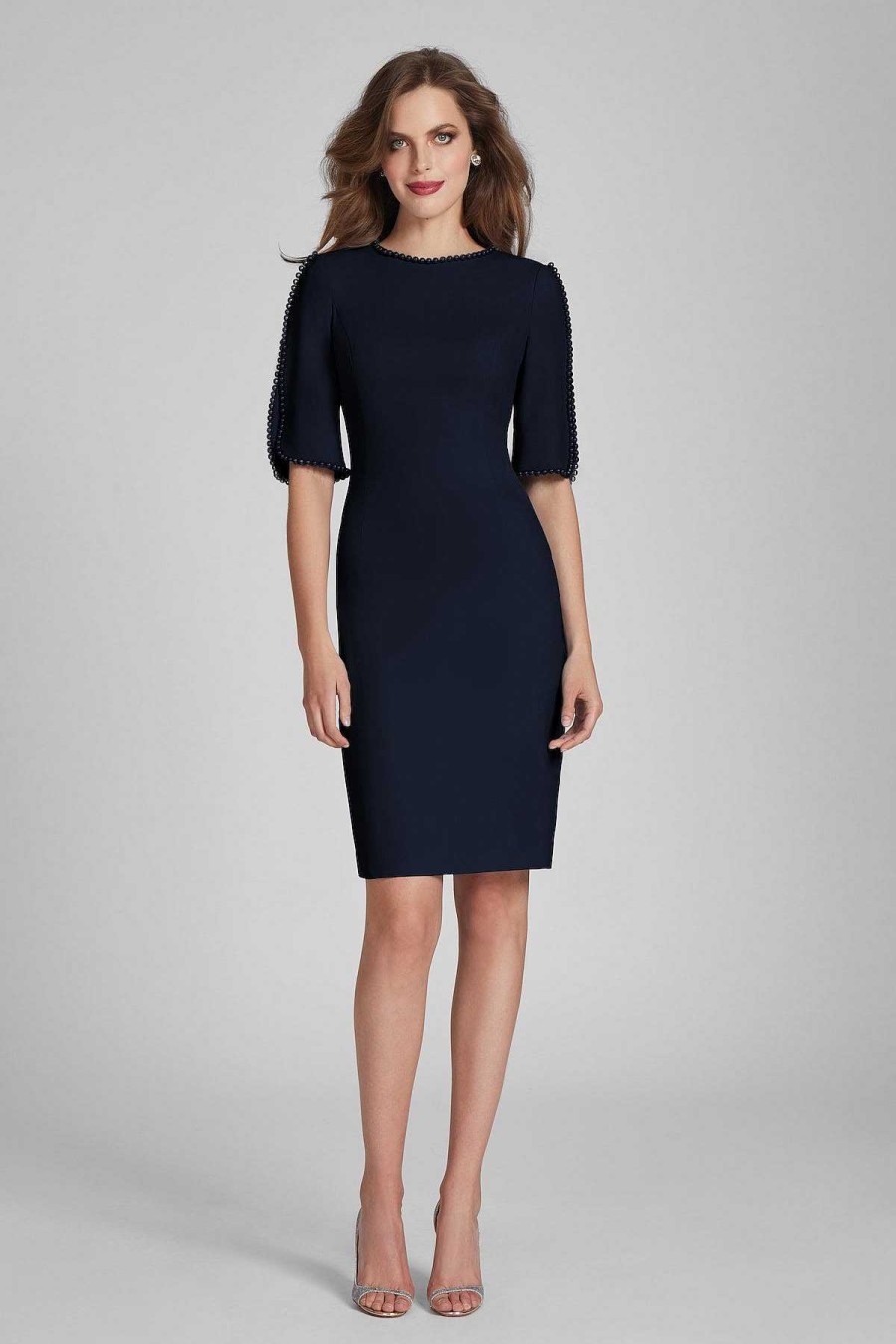 Clothing Teri Jon | Short Sleeve Pearl Trim Crepe Sheath Dress