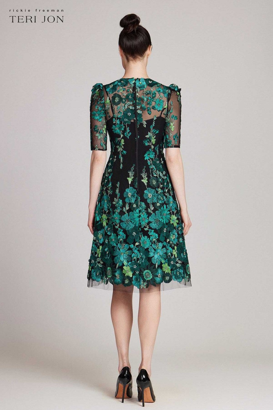 Clothing Teri Jon | Elbow Sleeve 3D Flower Embroidered Tulle Dress