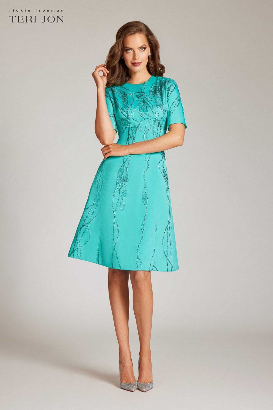 Clothing Teri Jon | Jacquard Elbow Sleeve Fit And Flare Dress Turquoise