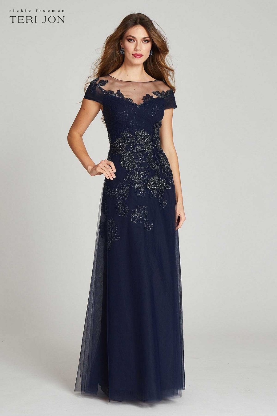 Clothing Teri Jon | Cap Sleeve Tulle Draped Bodice Beaded Applique Gown