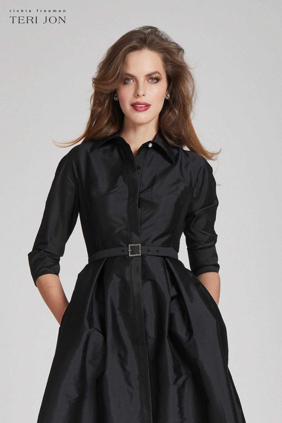 Clothing Teri Jon | 3/4 Sleeve Belted Taffeta Shirt Dress